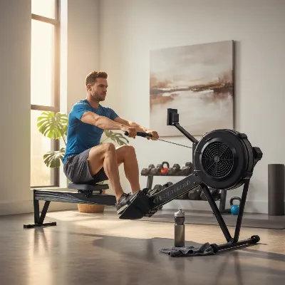 A person performing a full-body workout on an air resistance rowing machine, demonstrating proper form in a home gym setting, with clear lighting and a realistic style