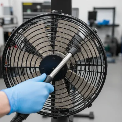 Detailed close-up of a hand cleaning the flywheel enclosure of an air resistance rowing machine, emphasizing maintenance