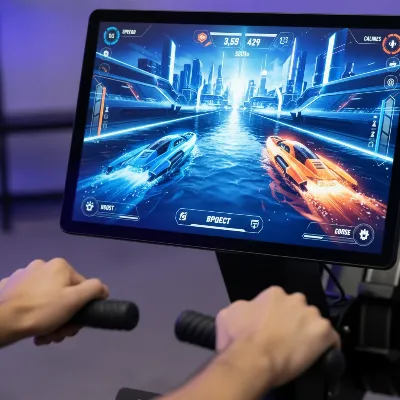 Close-up of Aviron Impact Series screen displaying a racing game, user hands on handles