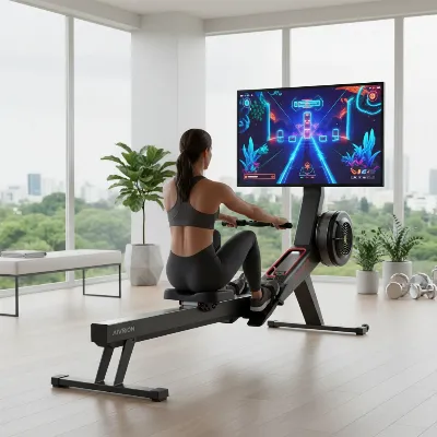Aviron Impact Series rowing machine in a modern home gym setup, with a person exercising