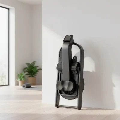 A compact, foldable magnetic resistance rowing machine neatly stored upright in a modern home gym with natural light, emphasizing space-saving design.