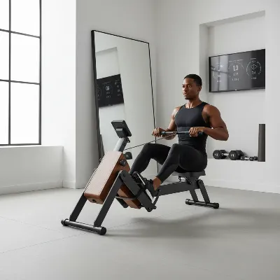 Person exercising on a compact folding rowing machine in a small home gym, focused and energetic