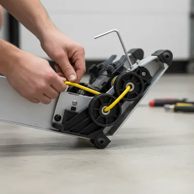 A Concept2 Rower with its frame flipped, showing the internal mechanism and the process of replacing the bungee cord. A person's hands are carefully routing the new cord around pulleys. The image highlights the intricate path of the shock cord and the tools needed, like a hex wrench, in a realistic, well-lit, editorial style.