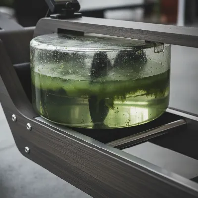 A cloudy and green water rower tank filled with visible algae, contrasting with a clean machine body.