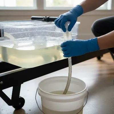 A person carefully draining a water rower tank using a hand pump into a bucket, with protective gloves.