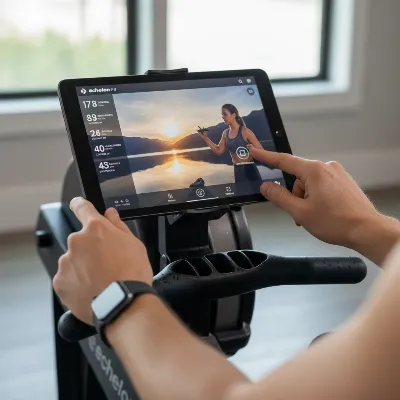 User interacting with Echelon Fit app on Echelon Row's tablet holder during a class