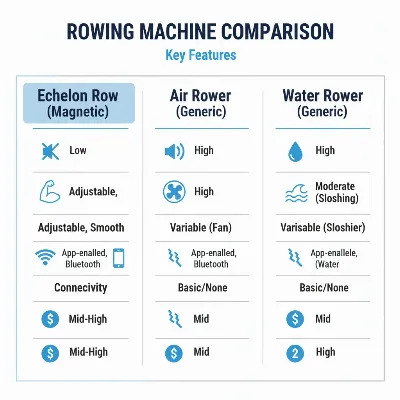 Detailed comparison of Echelon Row features against other rowing machine types