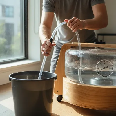 Person safely filling a water rowing machine tank with municipal water using a siphon pump