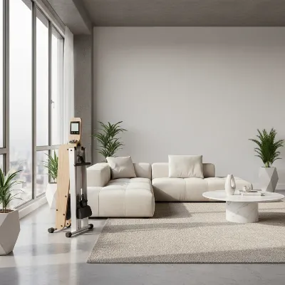 Folding rowing machine in a modern apartment living room, folded upright against a wall, minimalist style