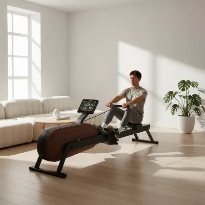 Magnetic rowing machine in a modern apartment, showing its sleek design and quiet operation.