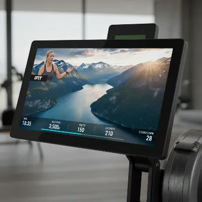 A close-up of the NordicTrack RW900 rowing machine's 24-inch pivoting touchscreen with an iFIT workout displayed, showing high-quality imagery.