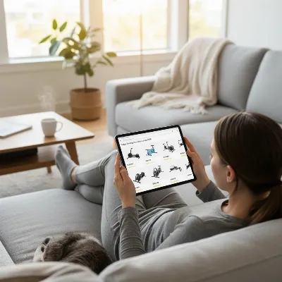 A person browsing rowing machines on a tablet, with various budget-friendly models displayed, emphasizing the convenience of online purchasing