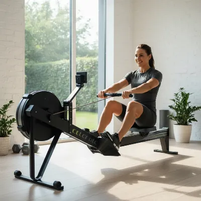 A person confidently using a rowing machine in a modern, sunlit home gym, focusing on proper form with engaged core and extended limbs.