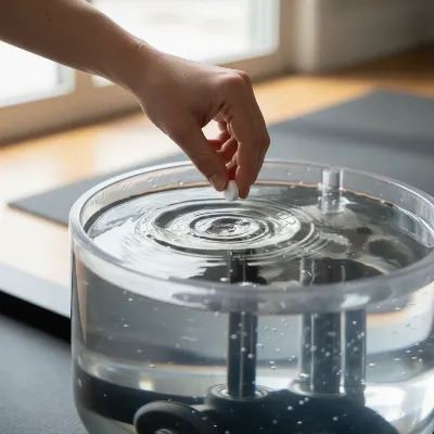 A hand dropping a purification tablet into a freshly refilled water rower tank with clear tap water.