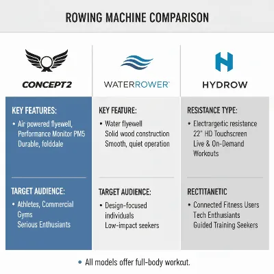 A clean graphic comparing three top rowing machine brands (Concept2, WaterRower, Hydrow) with their logos and key features, on a white background, infographic style