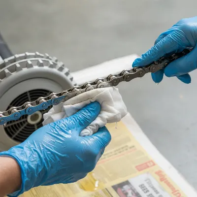 A person wearing gloves carefully applying oil to a rowing machine chain with a cloth, with newspaper protecting the floor