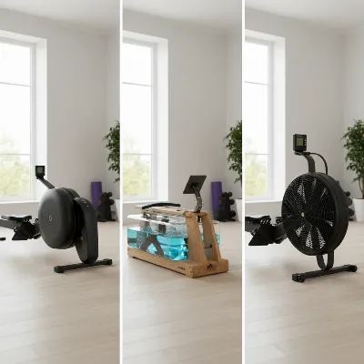 Comparison of water, magnetic, and air resistance rowing machines in a modern home gym setting