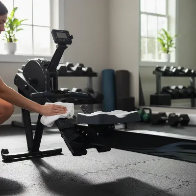 Person wiping down a magnetic rowing machine after a workout in a clean home gym, emphasizing care and quiet operation