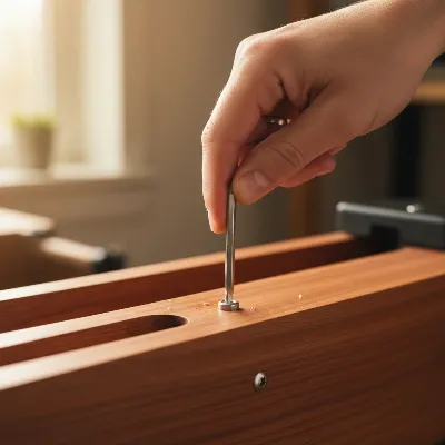 Close-up of a hand gently tightening a bolt on a wooden water rowing machine during maintenance