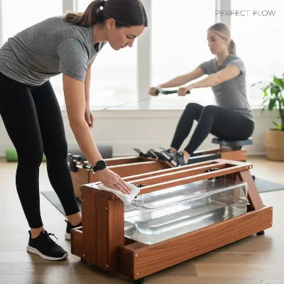 A person cleaning and inspecting their wooden water rowing machine, focusing on the water tank and the wooden frame, with good rowing form in background.