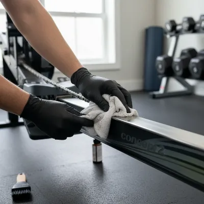 Person performing routine maintenance on a Concept2 RowErg, cleaning the chain and monorail.