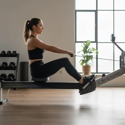 A person exercising on a magnetic rowing machine in a modern home gym, showcasing full-body engagement and low-impact motion