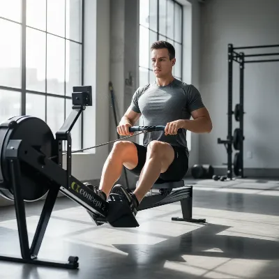 A person with good form on a rowing machine, showing full-body engagement in a brightly lit gym setting, realistic, dynamic angle, bright lighting