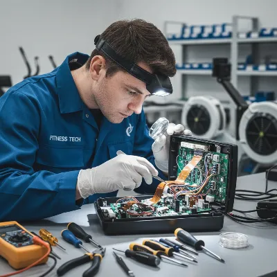 Professional examining rowing machine internals for wiring issues