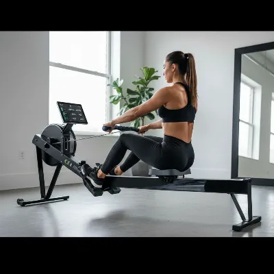 An athletic individual demonstrating correct rowing machine form on a modern smart rower in a well-lit home gym.