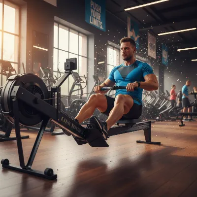 An athlete demonstrating proper rowing machine technique with correct posture, leg drive, and arm pull. Dynamic and clear action shot, in a modern gym setting.