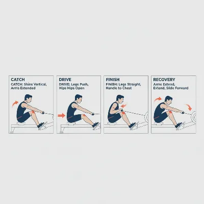 An illustration of a person demonstrating proper rowing machine form, showing the four phases of the stroke for effective exercise.