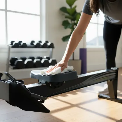 Person wiping down a rowing machine rail and seat after a workout for preventative maintenance.