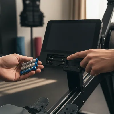 Person inspecting a rowing machine screen for power and connection issues