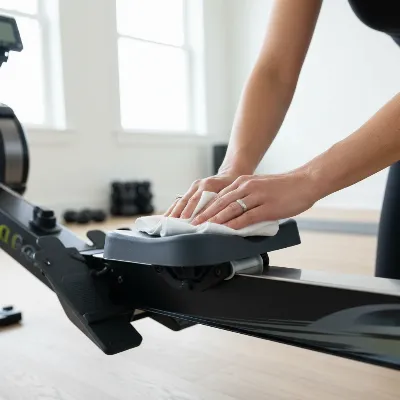 A person wiping down a rowing machine after a workout with a cloth, focusing on the seat and rail.