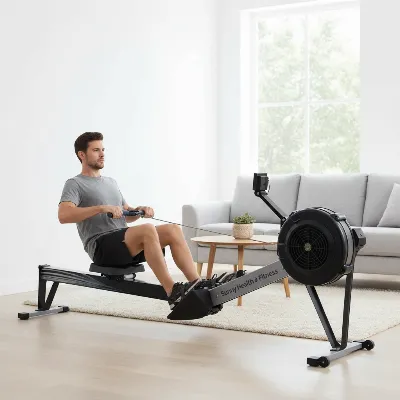 User exercising on a quiet Sunny Health magnetic rowing machine in a modern living room setting, showcasing its compact, foldable design and silent operation