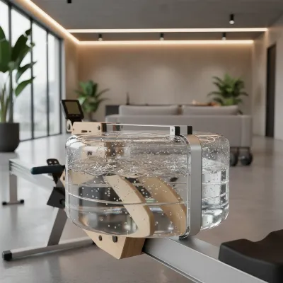 A crystal clear water rower tank in a home gym setting, reflecting light, showing clean water and internal paddles.