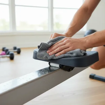 A person diligently wiping down the monorail and seat of a magnetic rowing machine with a microfiber cloth after a workout.